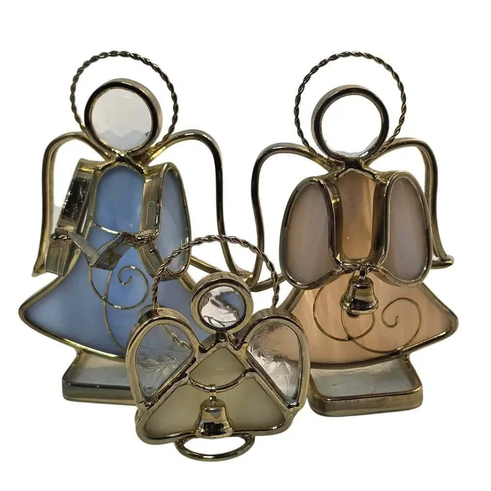 Stained Glass Angel Figurines Trio Brass Trim Christmas Decor Set, Vintage
